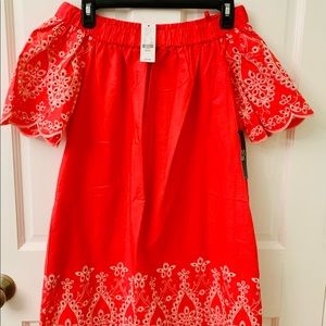 NY&C RED&WHITE EYELET OFF-THE-SHOULDER SHIFT DRESS